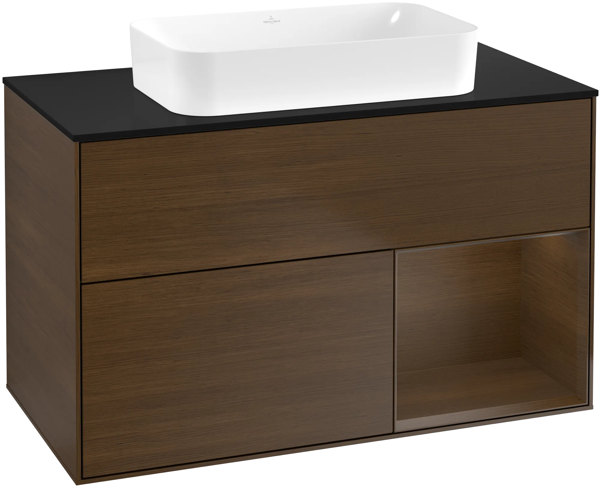 Villeroy & Boch Finion Waschbeckenunterschrank G66, 1000x603x501mm, mit Beleuchtung, 2 Auszüge, Walnut Veneer / Glass Black Matt