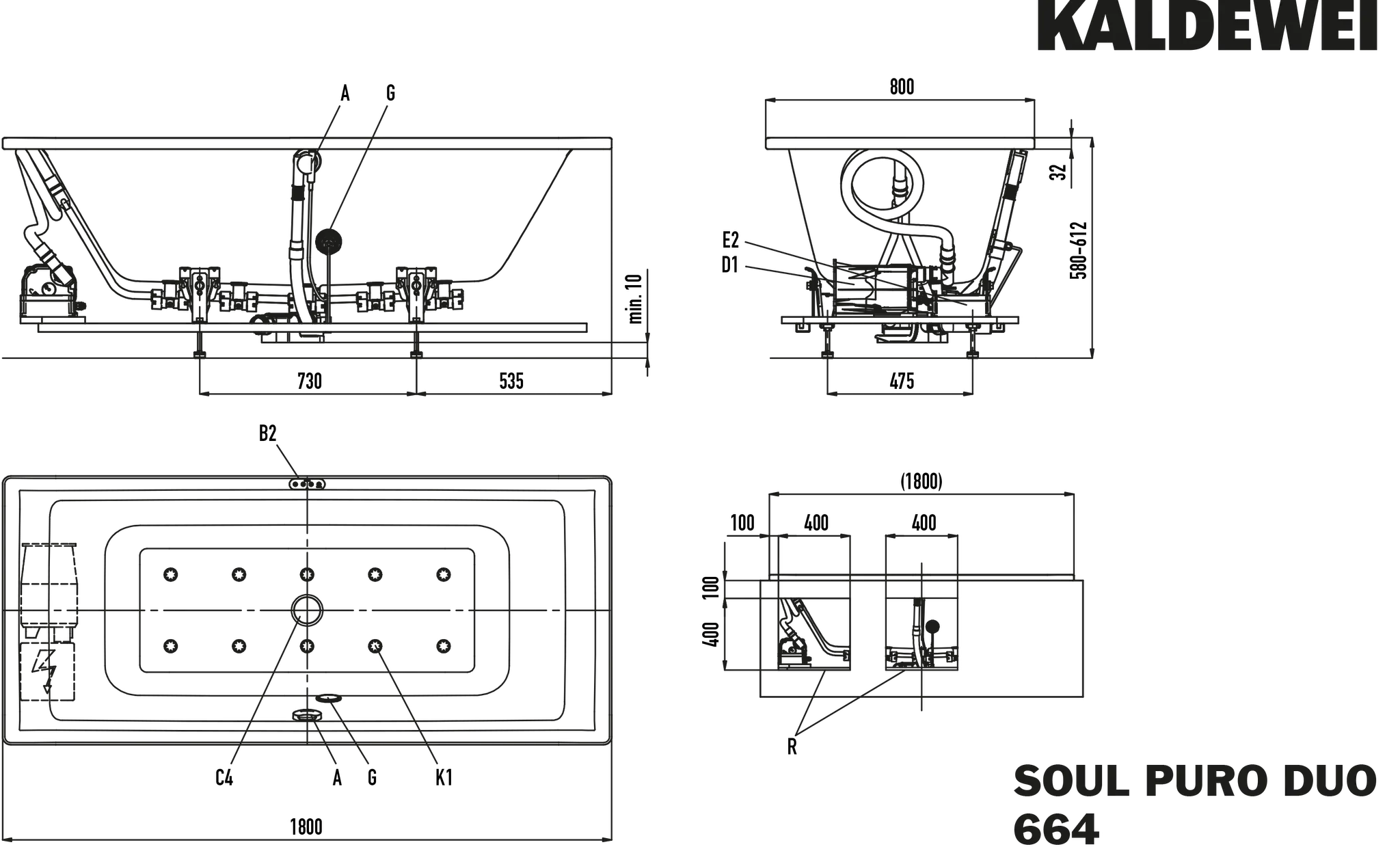 Kaldewei Whirlwanne „Puro Duo“ 180 × 80 cm, links mit Airmassage Soul, in alpinweiß