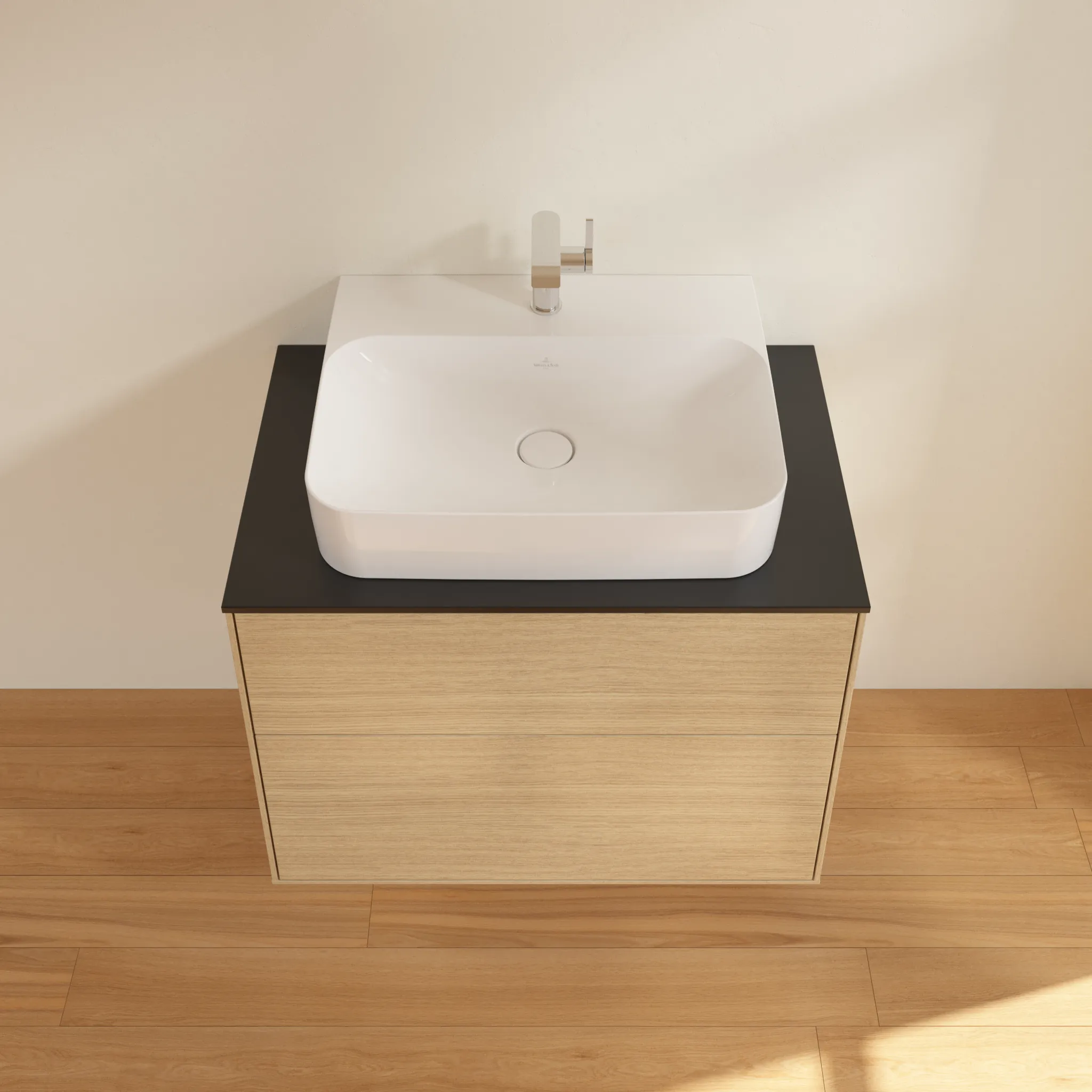 Villeroy & Boch Waschbeckenunterschrank Finion F09, Eckig Oak Veneer mit Glass Black Matt Abdeckplatte, 800 x 603 x 501 mm, 2 Auszüge mit SoftClosing und Push-to-open Funktion Villeroy & Boch Waschbeckenunterschrank Finion F09, Eckig Oak Veneer mit Glass Black Matt Abdeckplatte, 800 x 603 x 501 mm, 2 Auszüge mit SoftClosing und Push-to-open Funktion