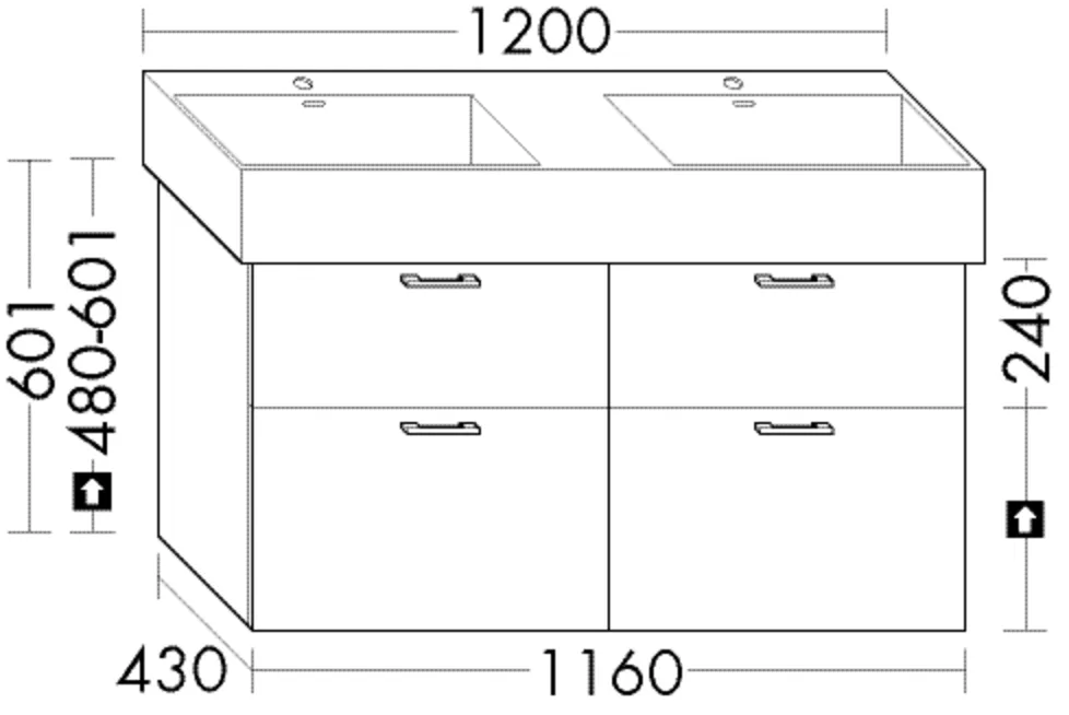 Waschtischunterschrank Sys30 von burgbad - 1160 mm breit, 430 mm tief, 601 mm hoch, 2 Schubladen oben, 2 Auszüge unten