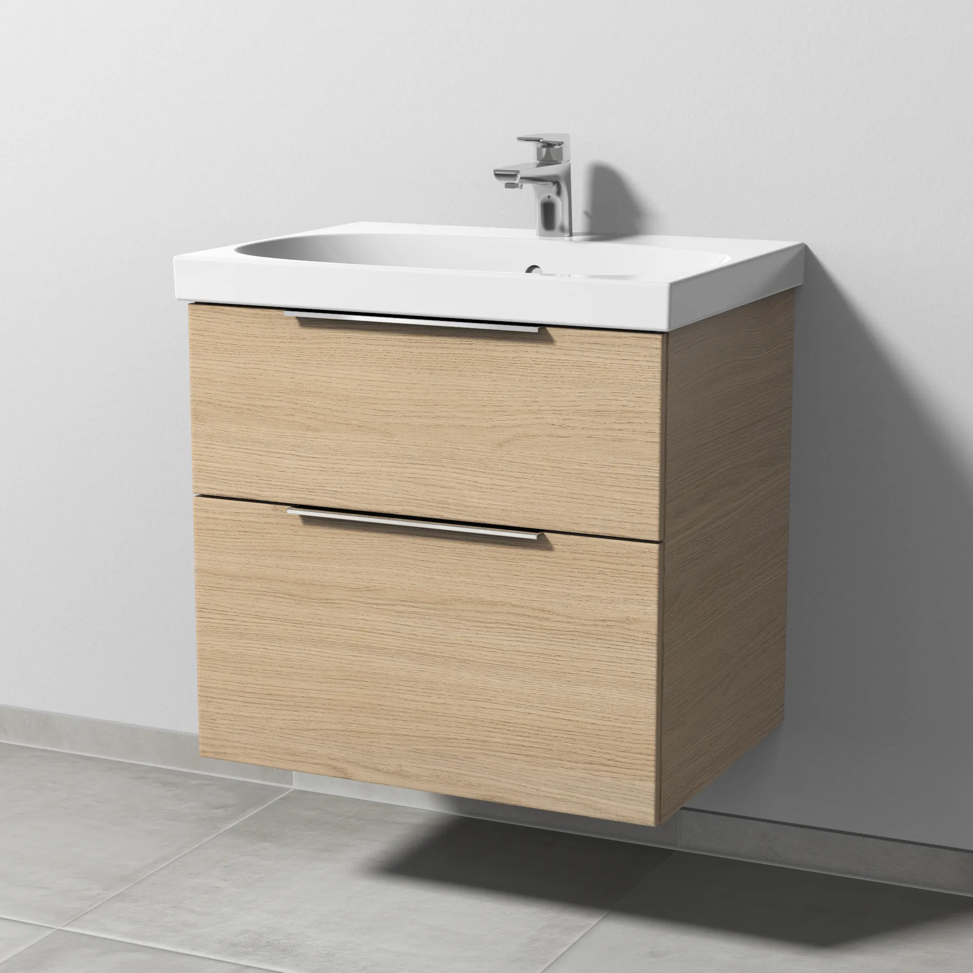 Sanipa Waschtischunterschrank „3way“ passend zu Keramik-Waschtische Acanto von Geberit 620 × 586 × 467 mm in Eiche Nordic, mit Hahnlochbohrung, Becken