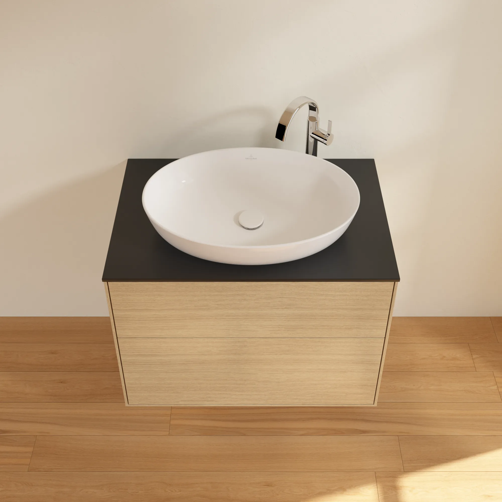 Villeroy & Boch Waschbeckenunterschrank Finion F87, Eckig Oak Veneer mit Glass Black Matt Abdeckplatte, 800x603x501mm, 48kg, Wandmontage, 2 Auszüge mit SoftClosing und Push-to-open Funktion Villeroy & Boch Waschbeckenunterschrank Finion F87, Eckig Oak Veneer mit Glass Black Matt Abdeckplatte, 800x603x501mm, 48kg, Wandmontage, 2 Auszüge mit SoftClosing und Push-to-open Funktion