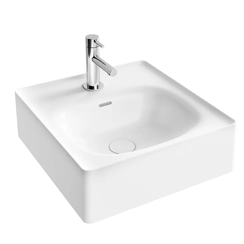 Equal Aufsatzhandwaschbecken 43 cm mit Hahnlochbank mit Hahnloch mit Überlaufschlitz Weiß Hochglanz mit Oberflächenveredelung Clean