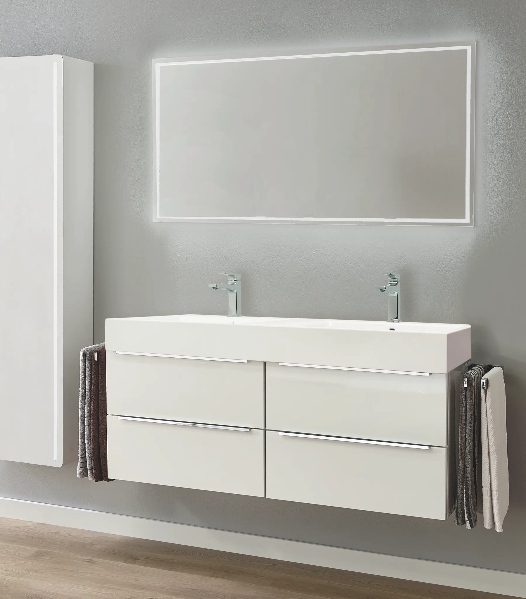 Doppelwaschtisch „Puro“ 130 × 46 cm in alpinweiß, mit Perl-Effekt Doppelwaschtisch „Puro“ 130 × 46 cm in alpinweiß, mit Perl-Effekt