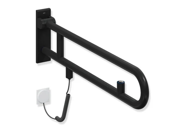 HEWI Stützklappgriff Serie 805 Classic, Edelstahl pulverbeschichtet DC (Schwarz tiefmatt), Ausladung 850 mm, Höhe 256 mm, Breite 75 mm, mit Spülauslösung E-Ausführung