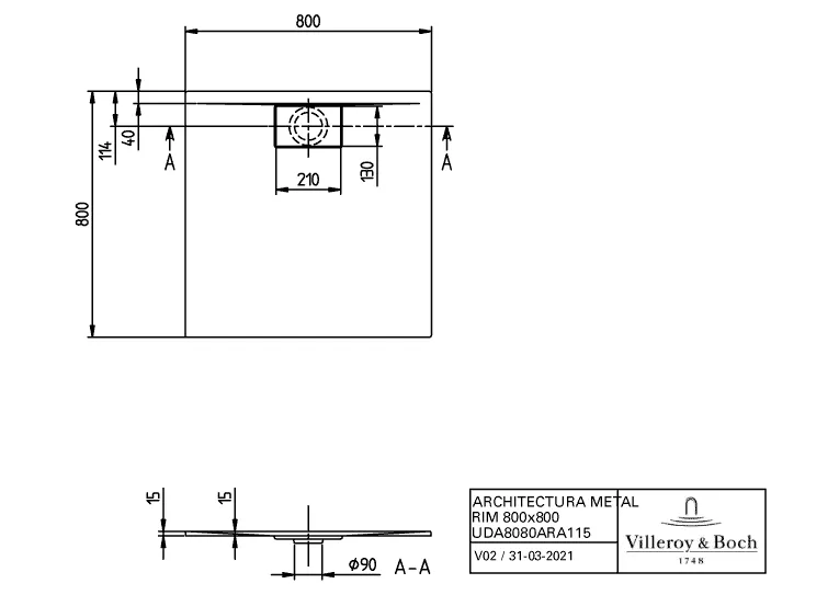 Villeroy & Boch quadrat Duschwanne „Architectura MetalRim“ 80 × 80 cm