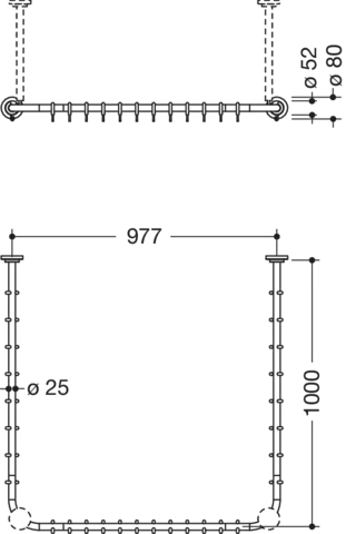 HEWI System 900 Vorhangstange, suizidhemmend, Edelstahl, 1000 x 975 mm