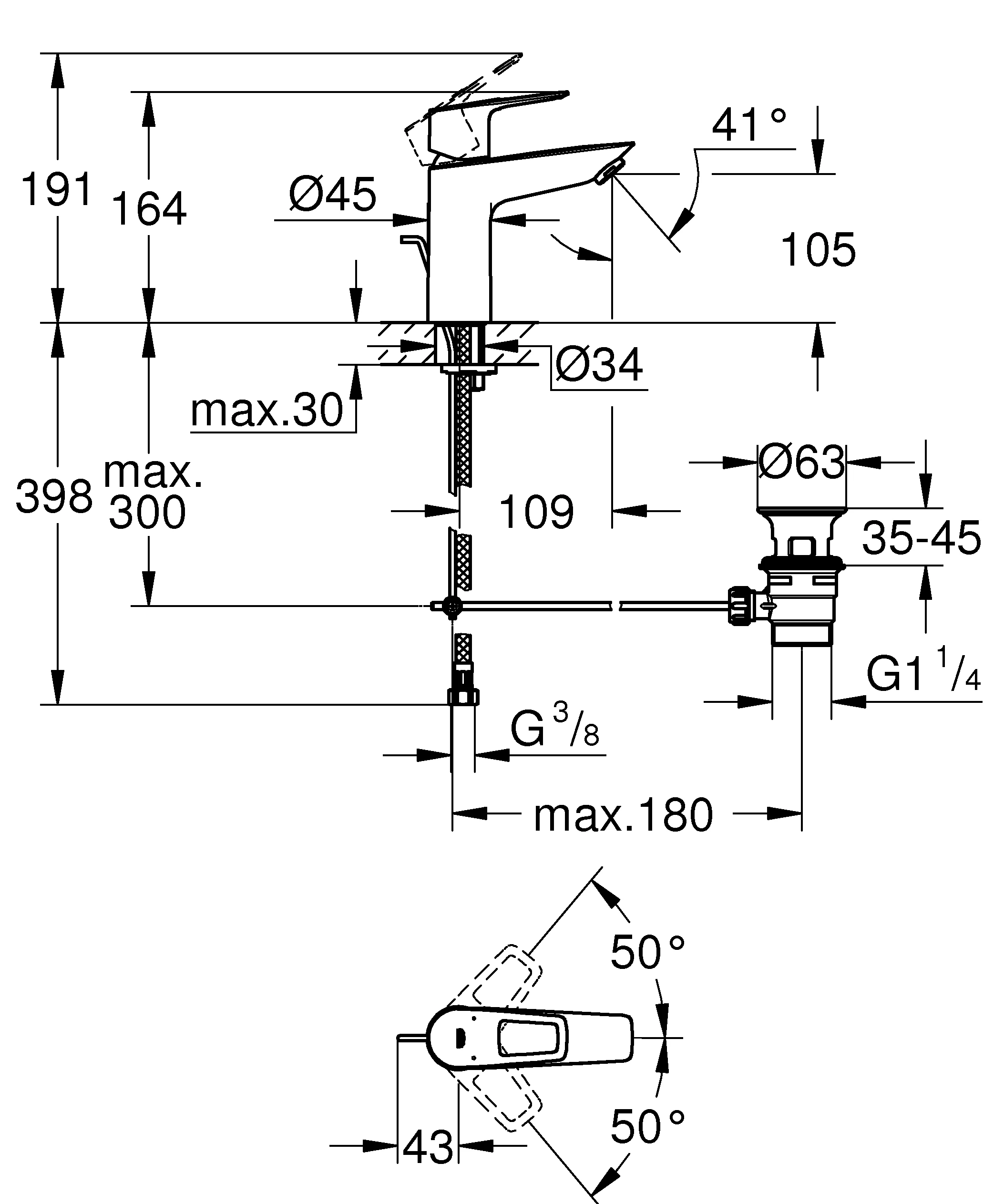 Einhand-Waschtischbatterie BauLoop 23885_1, M-Size, Einlochmontage, mit Temperaturbegrenzer, LowFlow 3,5 l/min Mousseur, Zugstangen-Ablaufgarnitur aus Kunststoff 1 1/4″, chrom