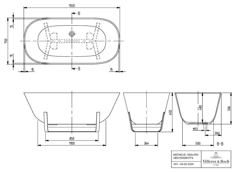 Villeroy & Boch Badewanne „Antheus“ freistehend oval 155 × 75 cm, Mittelablauf