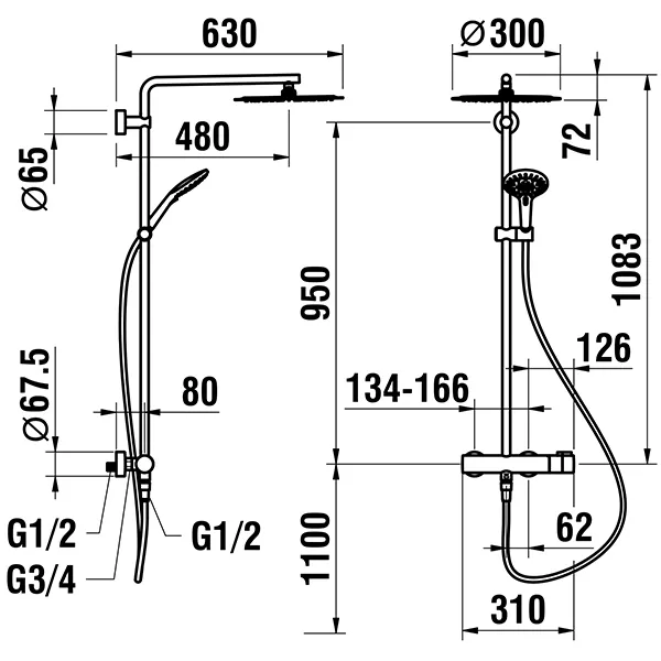 Laufen TWINPLUS Thermostatisches Duschsystem HF905457, Kopfbrause ø 300 mm, Kunststoffschlauch 1500 mm, Handbrause chrom Laufen TWINPLUS Thermostatisches Duschsystem HF905457, Kopfbrause ø 300 mm, Kunststoffschlauch 1500 mm, Handbrause chrom