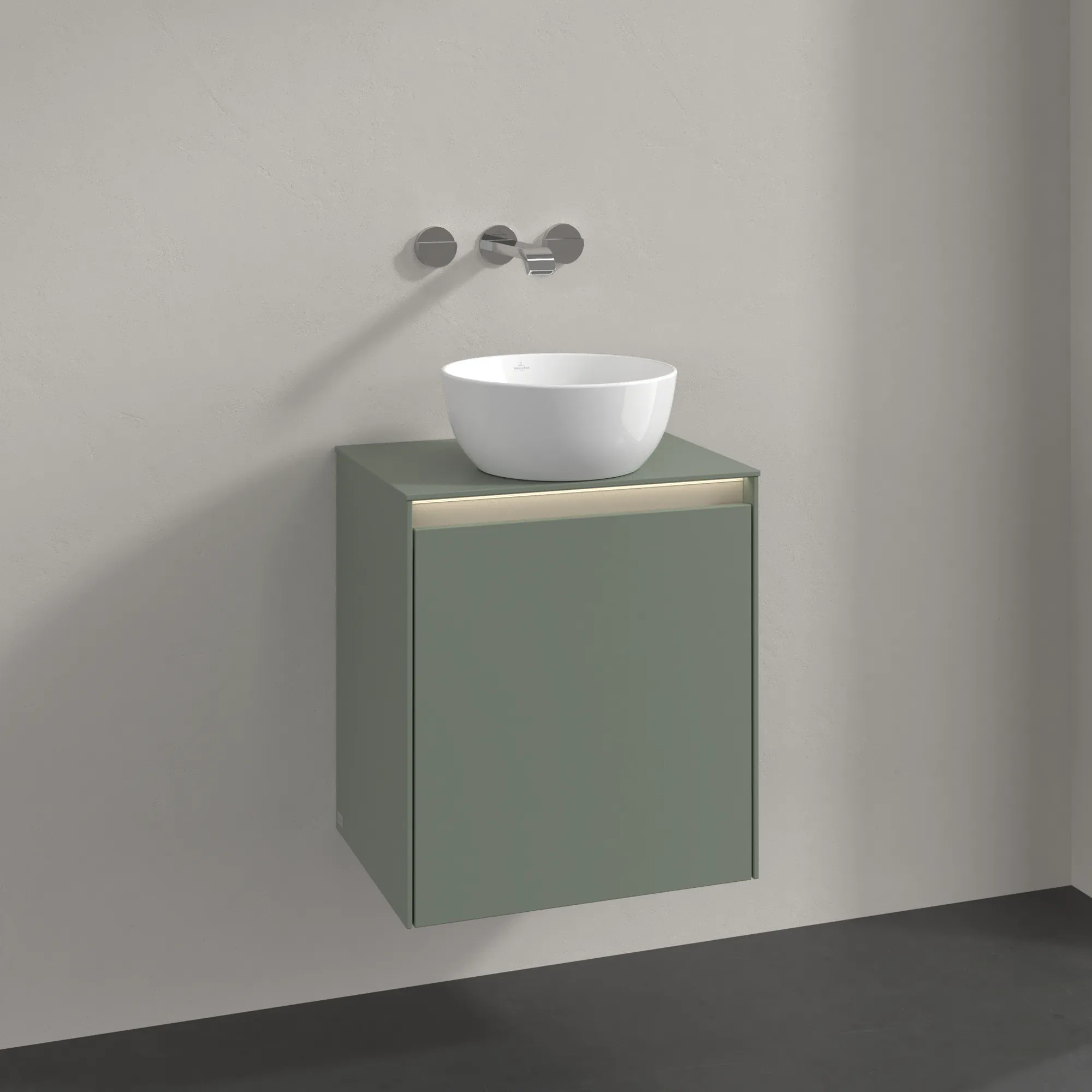 Villeroy & Boch Waschtischunterschrank „Collaro“ 500 × 548 × 380 mm Soft Green, für Becken mittig, Anschlag rechts, mit Beleuchtung Villeroy & Boch Waschtischunterschrank „Collaro“ 500 × 548 × 380 mm Soft Green, für Becken mittig, Anschlag rechts, mit Beleuchtung