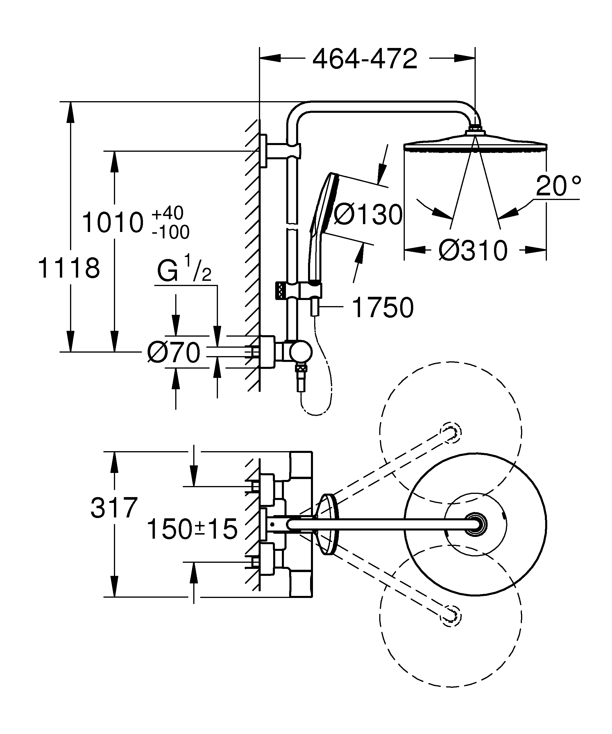 Duschsystem Rainshower SmartActive 310 26836, mit Thermostatbatterie, Wandmontage, 450mm Duscharm, Kopfbrause Rainshower Mono 310, Handbrause Rainshower SmartActive 130, hard graphite