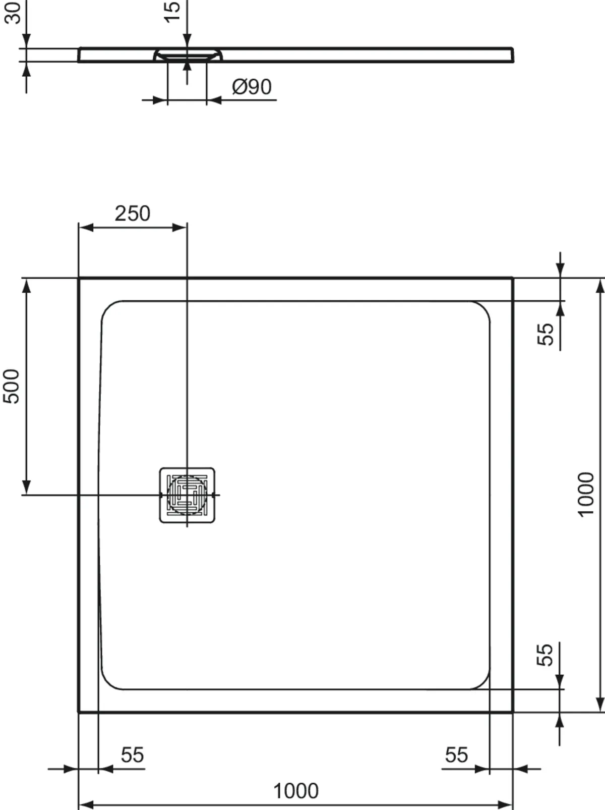 Ideal Standard Quadrat-Brausewanne Ultra Flat S + 1000x1000 mm Schiefer 30 mm Höhe Ablauf 25 cm Mitte/Seite
