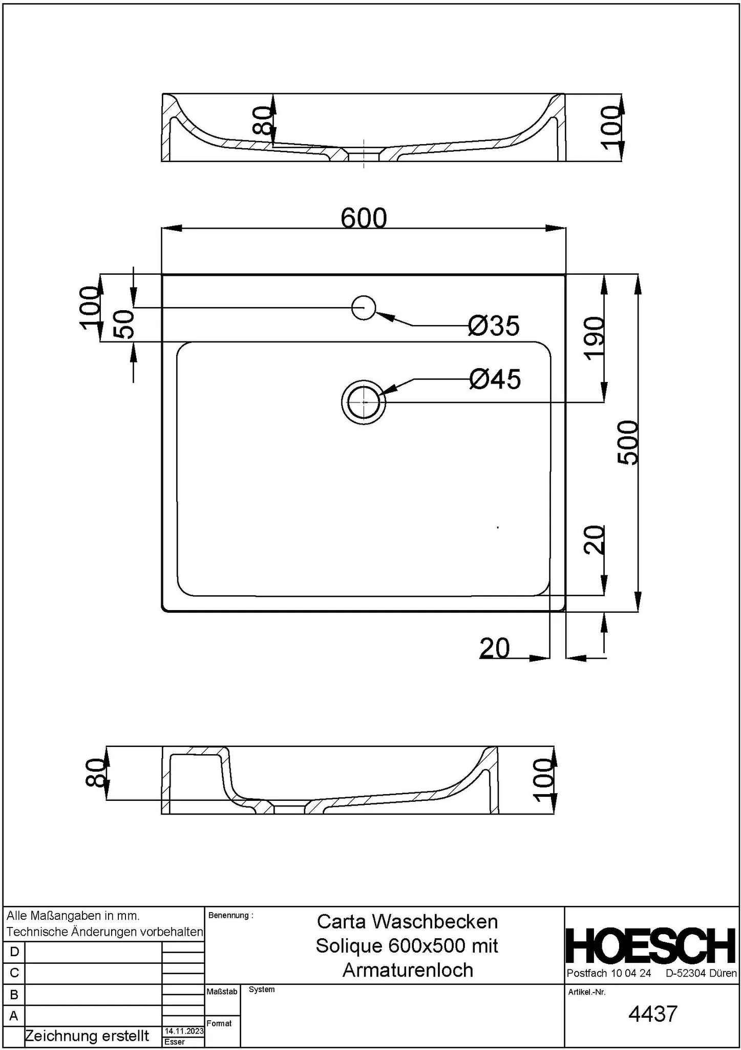 Hoesch Carta Aufsatz-Waschbecken Mineralguss Solique, Weiß, 500x600 mm