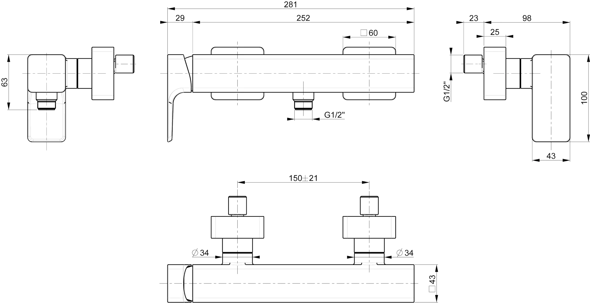 Villeroy & Boch Subway 3.0 Einhebel-Duscharmatur TVS112001000, 281 x 98 x 43 mm, Chrom