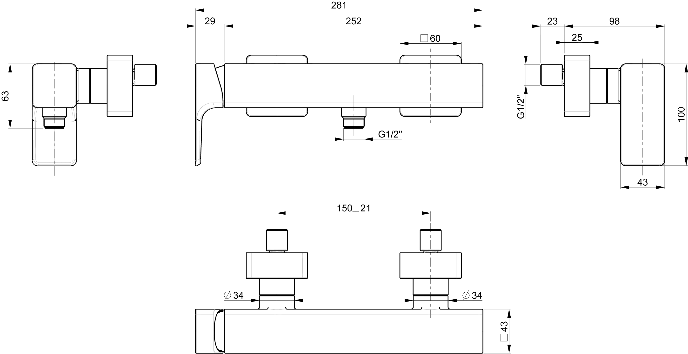 Villeroy & Boch Einhebel-Duscharmatur Subway 3.0, eckig, Chrom, 98 mm Höhe, 281x43 mm Maße