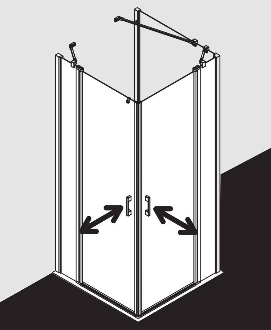 Kermi Duschtür Eckeinstieg 2-teilig (Pendeltüren mit Festfeldern) Halbteil links „LIGA“ 185 cm Glas Klar, Profile Silber Hochglanz, Drehtür zweiteilig