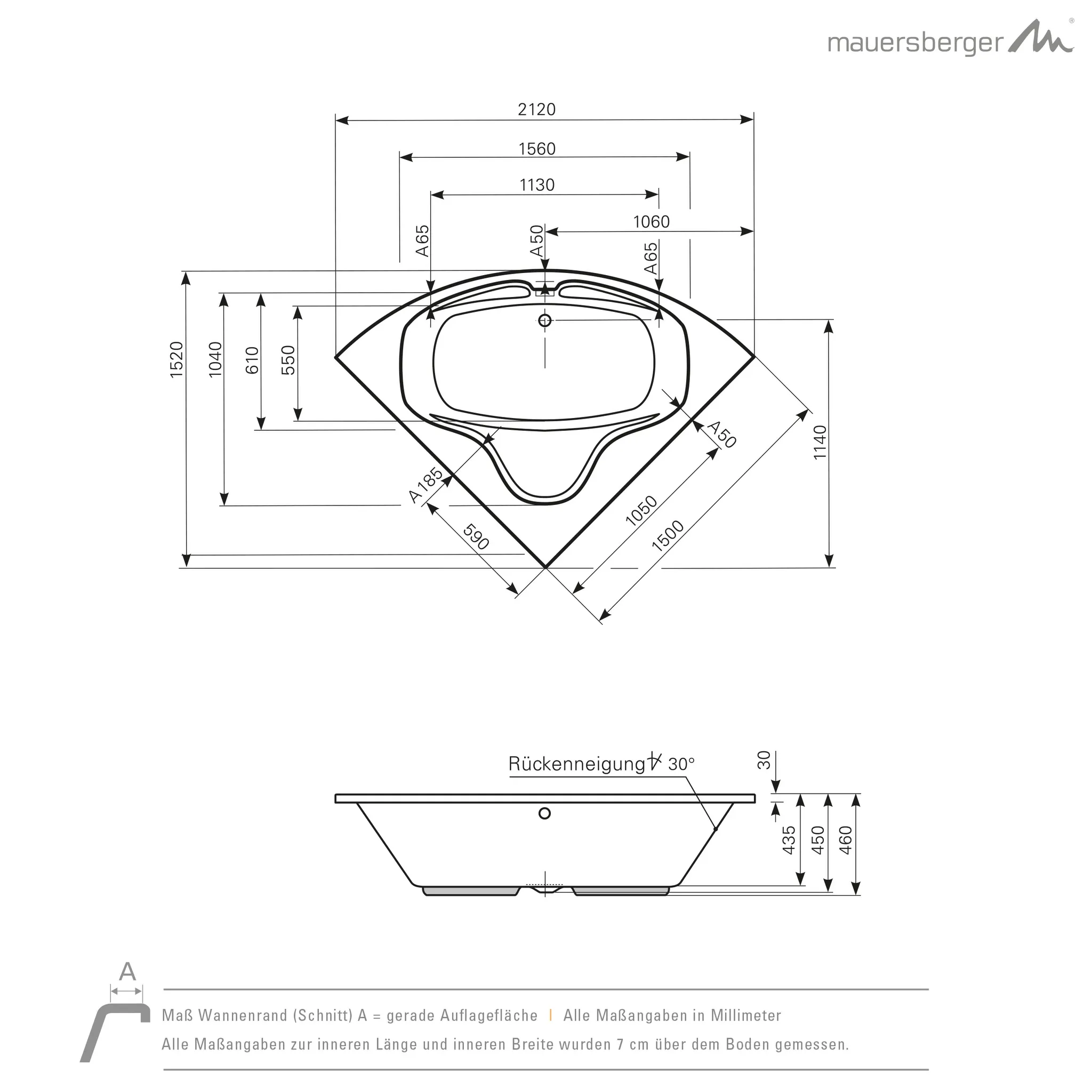 Mauersberger Acryl-Badewanne optica 150⁄150, 1500x1500x460, weiß