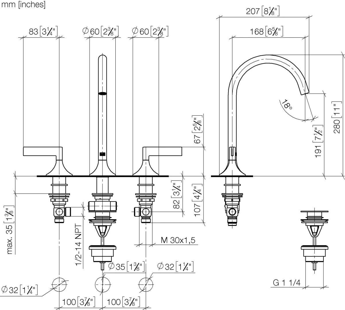 Dornbracht VAIA Waschtisch-Dreilochbatterie mit Ablaufgarnitur, Dark Bronze gebürstet PVD, Ausladung 168 mm, schwenkbarer Auslauf 360°, runder luftangereicherter Strahl, Armaturenhöhe 280 mm, Höhe bis Luftsprudler 191 mm, Bohrungsdurchmesser Seitenventil Dornbracht VAIA Waschtisch-Dreilochbatterie mit Ablaufgarnitur, Dark Bronze gebürstet PVD, Ausladung 168 mm, schwenkbarer Auslauf 360°, runder luftangereicherter Strahl, Armaturenhöhe 280 mm, Höhe bis Luftsprudler 191 mm, Bohrungsdurchmesser Seitenventil