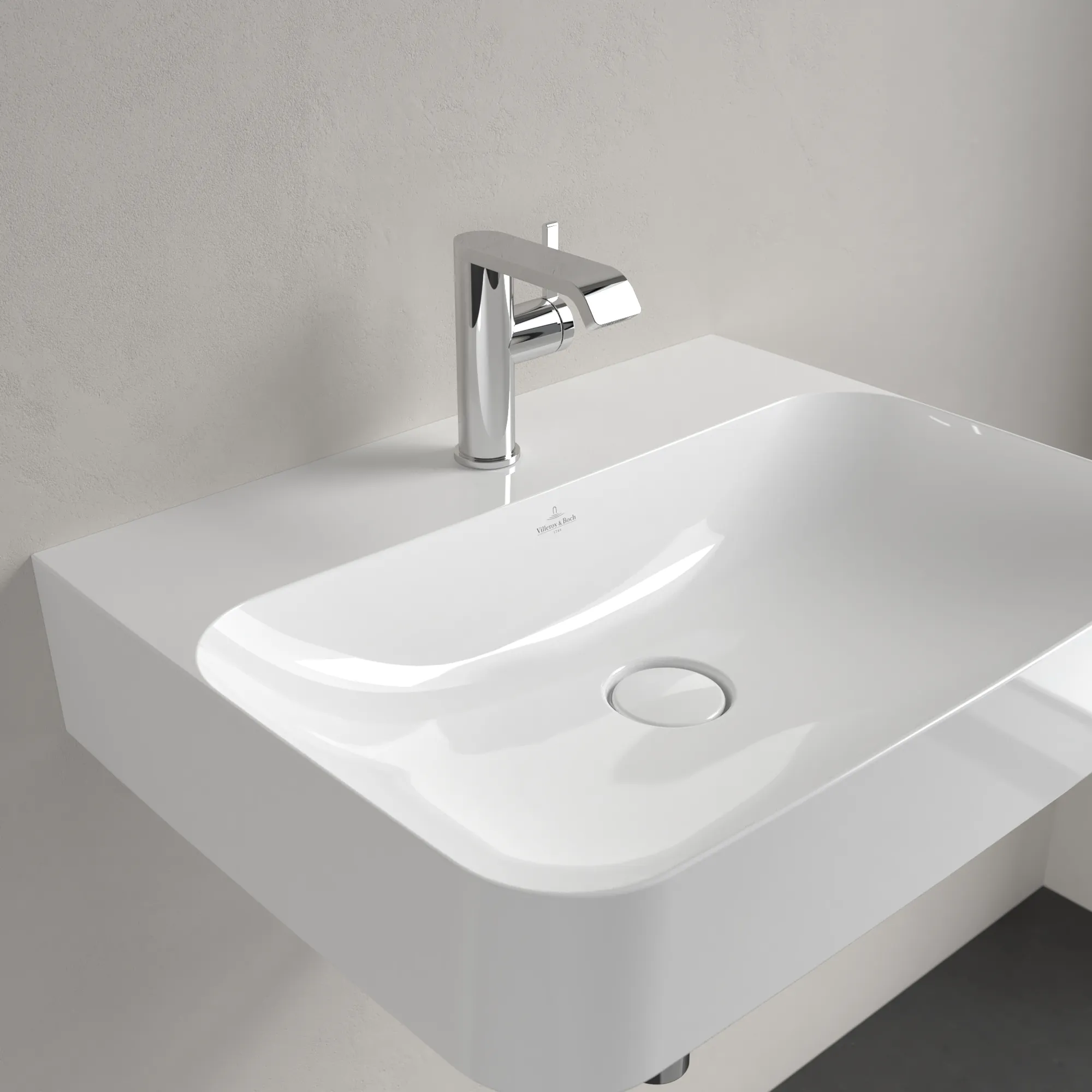 Villeroy & Boch Wandwaschtisch aus TitanCeram „Finion“ 600 × 470 × 164 mm, mit Hahnlochbohrung, Hahnlochposition mittig in Weiß Alpin, mit CeramicPlus