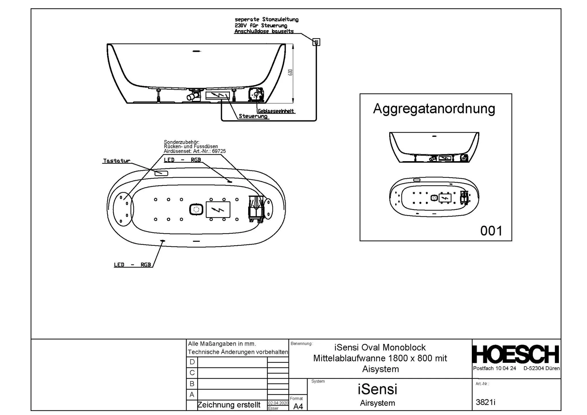 Hoesch Whirlwanne „iSensi“ Monolith mit Airsystem „iSensi“ freistehend oval 180 × 80 cm in Weiß-Grau