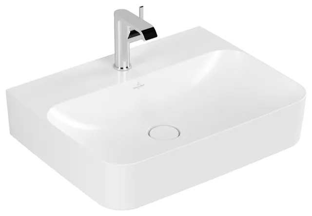 Villeroy & Boch Wandwaschtisch aus TitanCeram geschliffen „Finion“ 600 × 470 × 164 mm, mit Hahnlochbohrung, Hahnlochposition mittig in Stone White, mit CeramicPlus