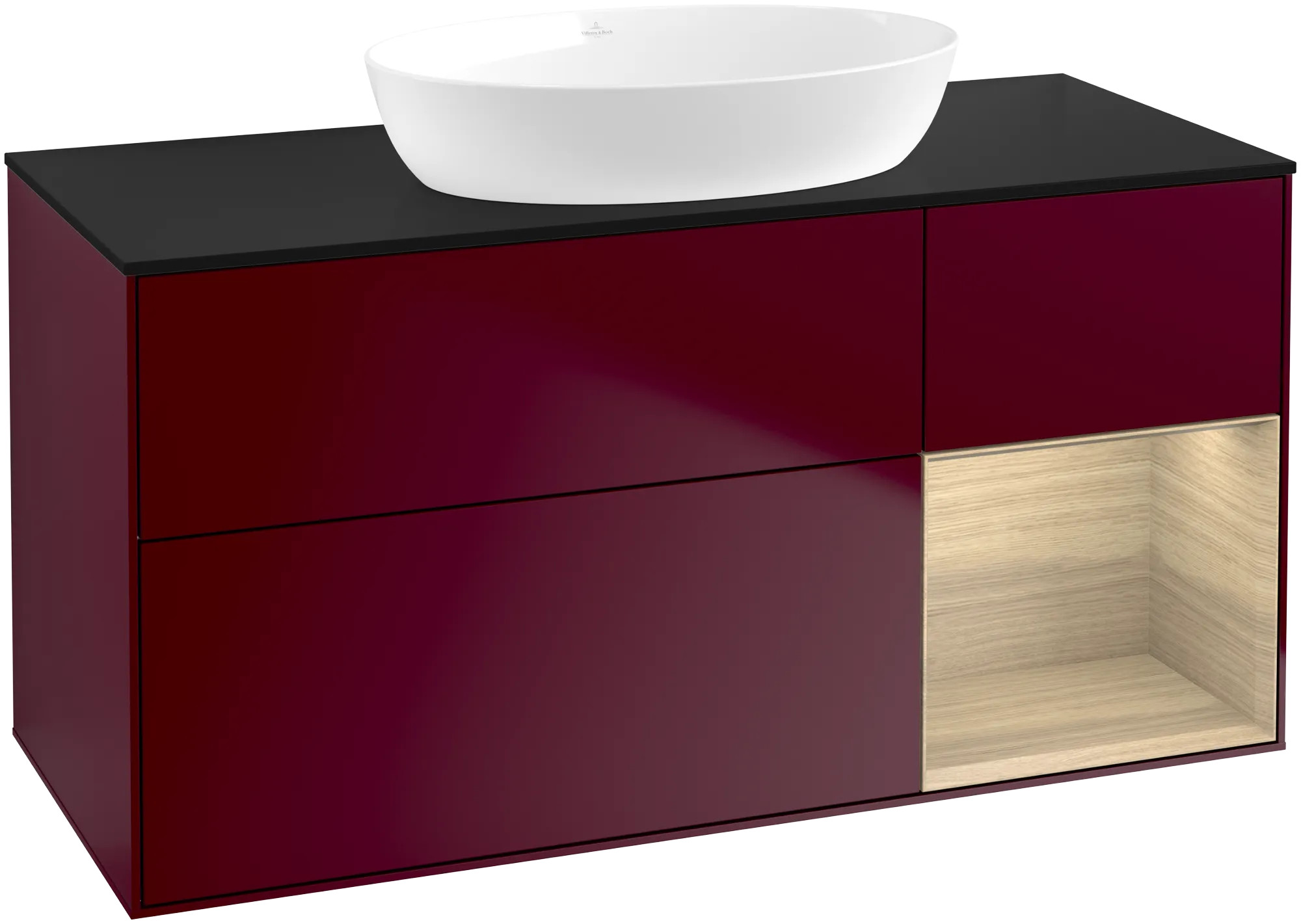 Villeroy & Boch Waschbeckenunterschrank Finion FA7, 1200x603x501mm, mit Beleuchtung, 3 Auszüge, Peony Matt Lacquer / Oak Veneer / Glass Black Matt