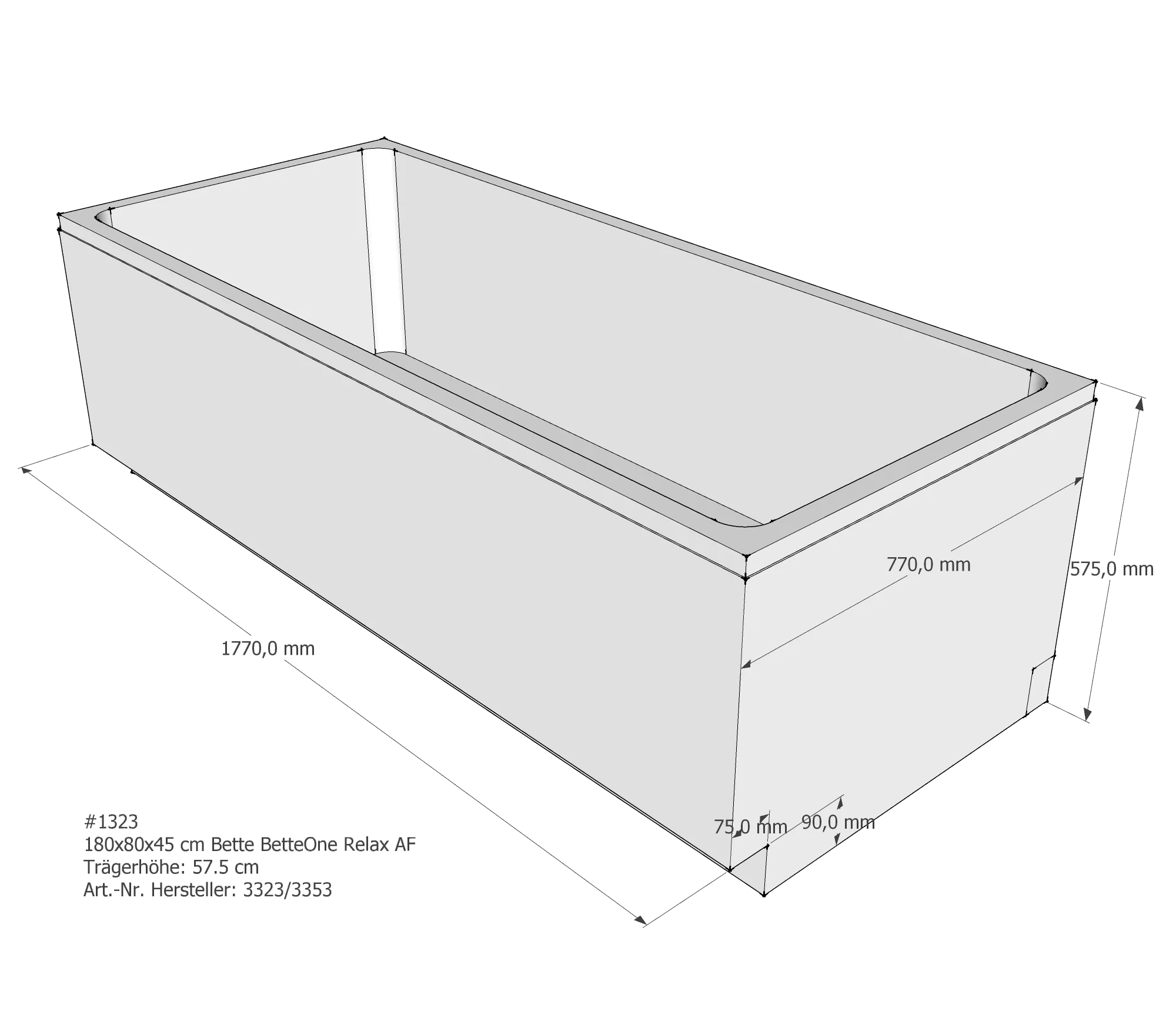 Badewannenträger für Bette One Relax 180 × 80 × 45 cm Breite: 80 cm / Länge: 180 cm