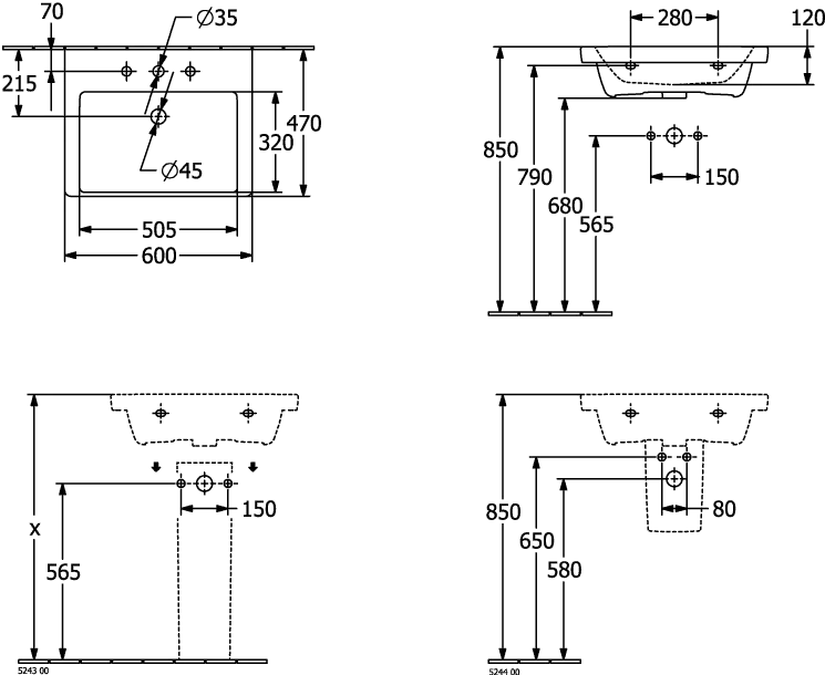 Villeroy & Boch Subway 3.0 Schrankwaschtisch, 600x470x165mm, weiß Alpin, TitanCeram, glänzend, mit Überlauf, Wandmontage