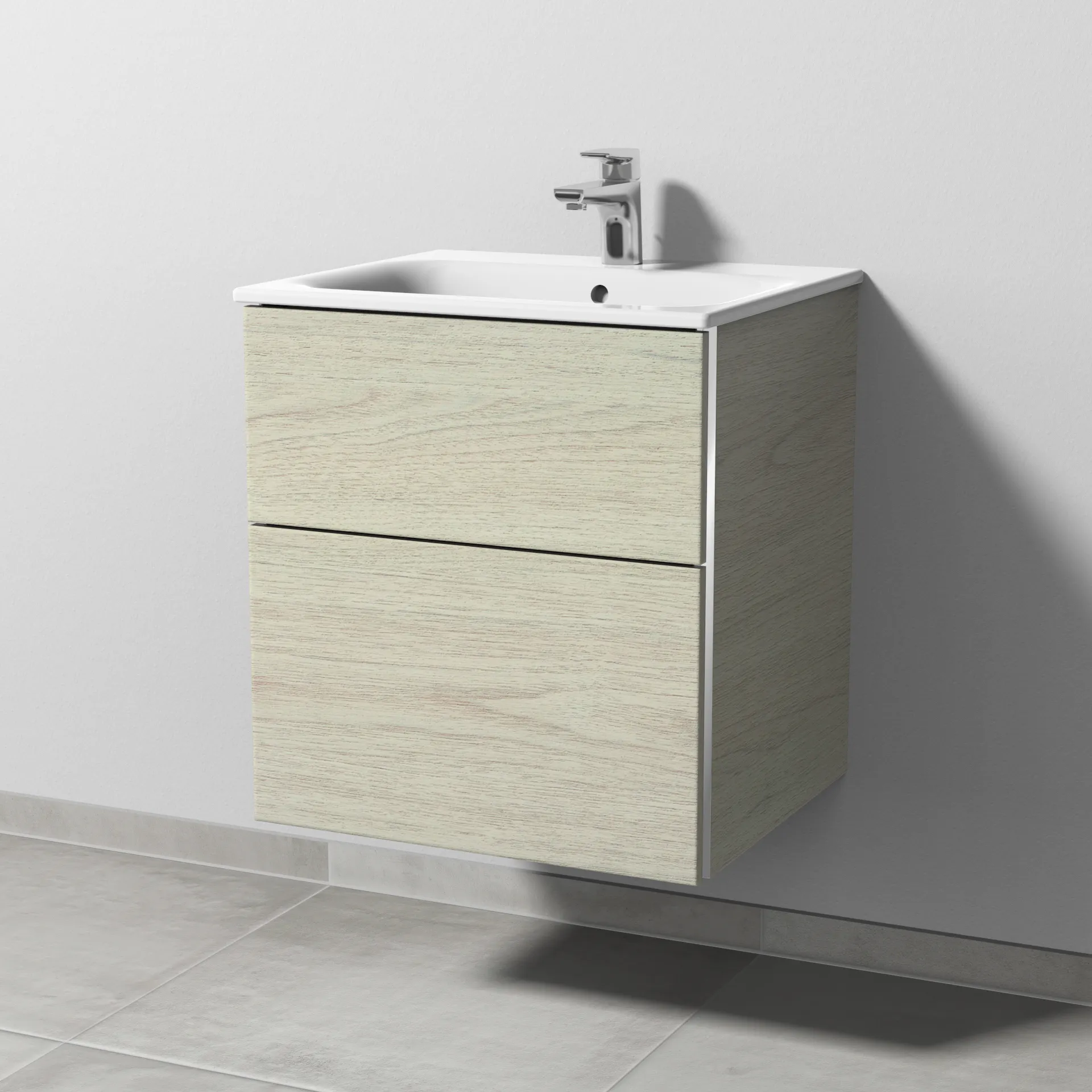 Sanipa Waschtischunterschrank „3way“ passend zu Keramik-Waschtische Renova Plan Slim von Geberit 535 × 582 × 472 mm in White Oak