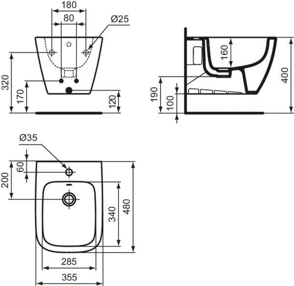 Ideal Standard Bidet „i.lifeS“, Befestigung verdeckt 35,5 × 48 × 30 cm