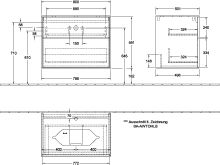 Villeroy & Boch Waschtischunterschrank „Finion“ für Schrankwaschtisch 80 × 60,3 × 50,1 cm 2 Schubladen, für Waschtischposition mittig