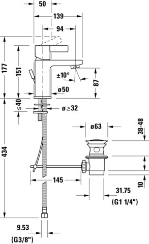 D-Neo Einhebel-Waschtischmischer S mit Zugstange, Ausladung 94mm