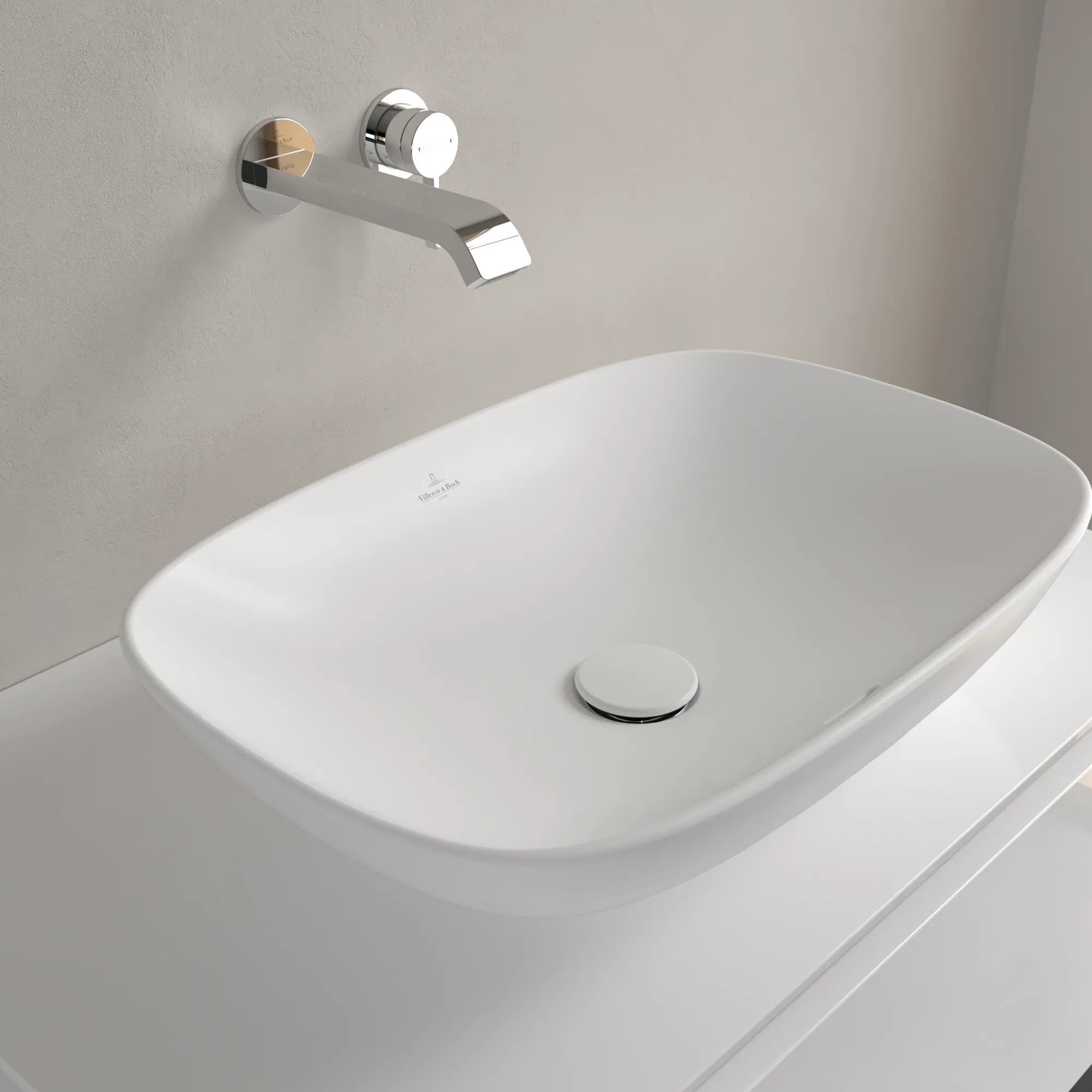 Villeroy & Boch Aufsatzwaschtisch aus TitanCeram „Loop & Friends“ 560 × 380 × 150 mm, ohne Hahnlochbohrung in Stone White
