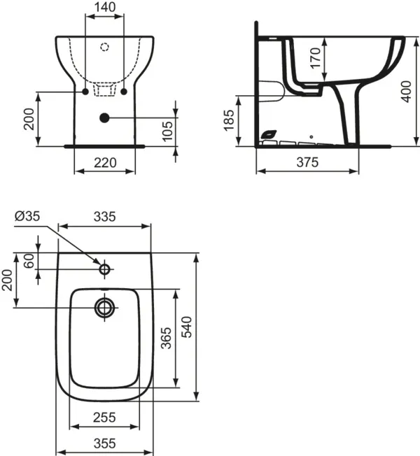 Ideal Standard Bidet „i.lifeA“, Befestigung sichtbar 35,5 × 54 × 40 cm