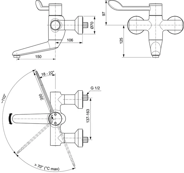 Wand-Waschtisch-Thermostat Ceraplus Safe SQ Ausladung 150mm absp.S-Anschlüsse Chrom Wand-Waschtisch-Thermostat Ceraplus Safe SQ Ausladung 150mm absp.S-Anschlüsse Chrom