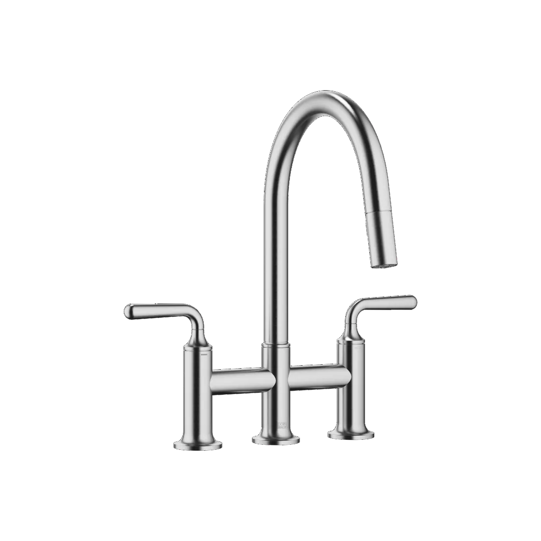 Dornbracht VAIA Dreiloch-Brückenbatterie Pull-down mit Brausefunktion - Chrom gebürstet (Edelstahl-Look), Ausladung 240 mm, schwenkbarer Auslauf 360°, Metallbrauseschlauch 1800 mm