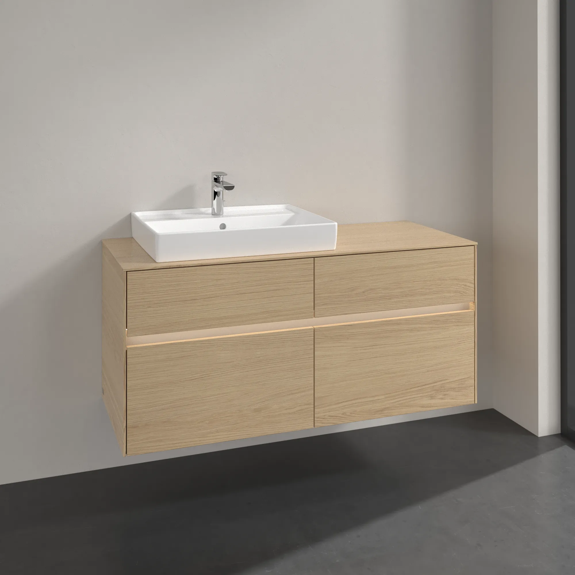 Villeroy & Boch Waschtischunterschrank „Collaro“ 1200 × 548 × 500 mm Nordic Oak, mit Beleuchtung, für Becken links Villeroy & Boch Waschtischunterschrank „Collaro“ 1200 × 548 × 500 mm Nordic Oak, mit Beleuchtung, für Becken links