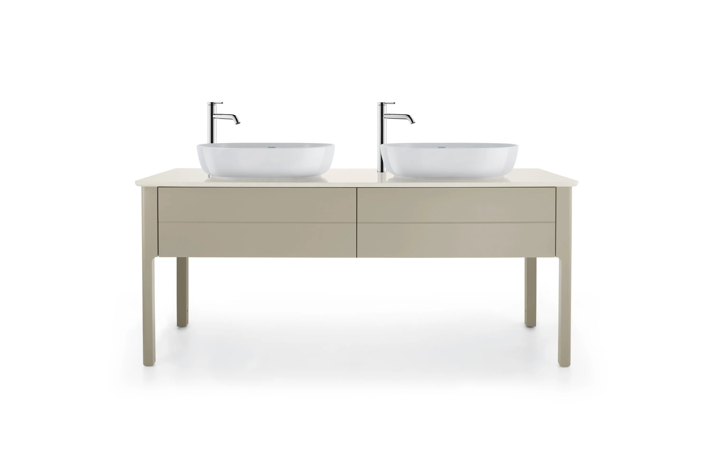 Duravit Waschtischunterschrank bodenstehend „Luv“ 173,3 × 74,3 × 57 cm Becken: links und rechts / Front- & Korpusfarbe: Taupe Seidenmatt / Größe: 173,3 × 57 × 74,3 cm / Schubladen: 2 Duravit Waschtischunterschrank bodenstehend „Luv“ 173,3 × 74,3 × 57 cm Becken: links und rechts / Front- & Korpusfarbe: Taupe Seidenmatt / Größe: 173,3 × 57 × 74,3 cm / Schubladen: 2