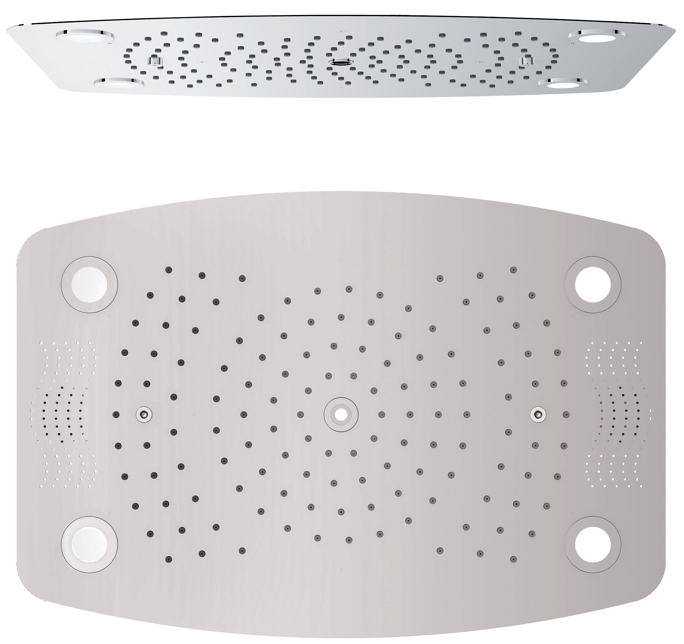 Deckenbrause AqvaShower - 600 mm × 850 mm - 4 Strahlarten (Regen, Regenkranz, Wassersäule, Nebelstrahl) - Lautsprecher - Bluetoothanbindung für Musik - LED-Beleuchtung mit Fernbedienung - Trafo 220V/50Hz - Edelstahl, hochglanzpoliert Deckenbrause AqvaShower - 600 mm × 850 mm - 4 Strahlarten (Regen, Regenkranz, Wassersäule, Nebelstrahl) - Lautsprecher - Bluetoothanbindung für Musik - LED-Beleuchtung mit Fernbedienung - Trafo 220V/50Hz - Edelstahl, hochglanzpoliert