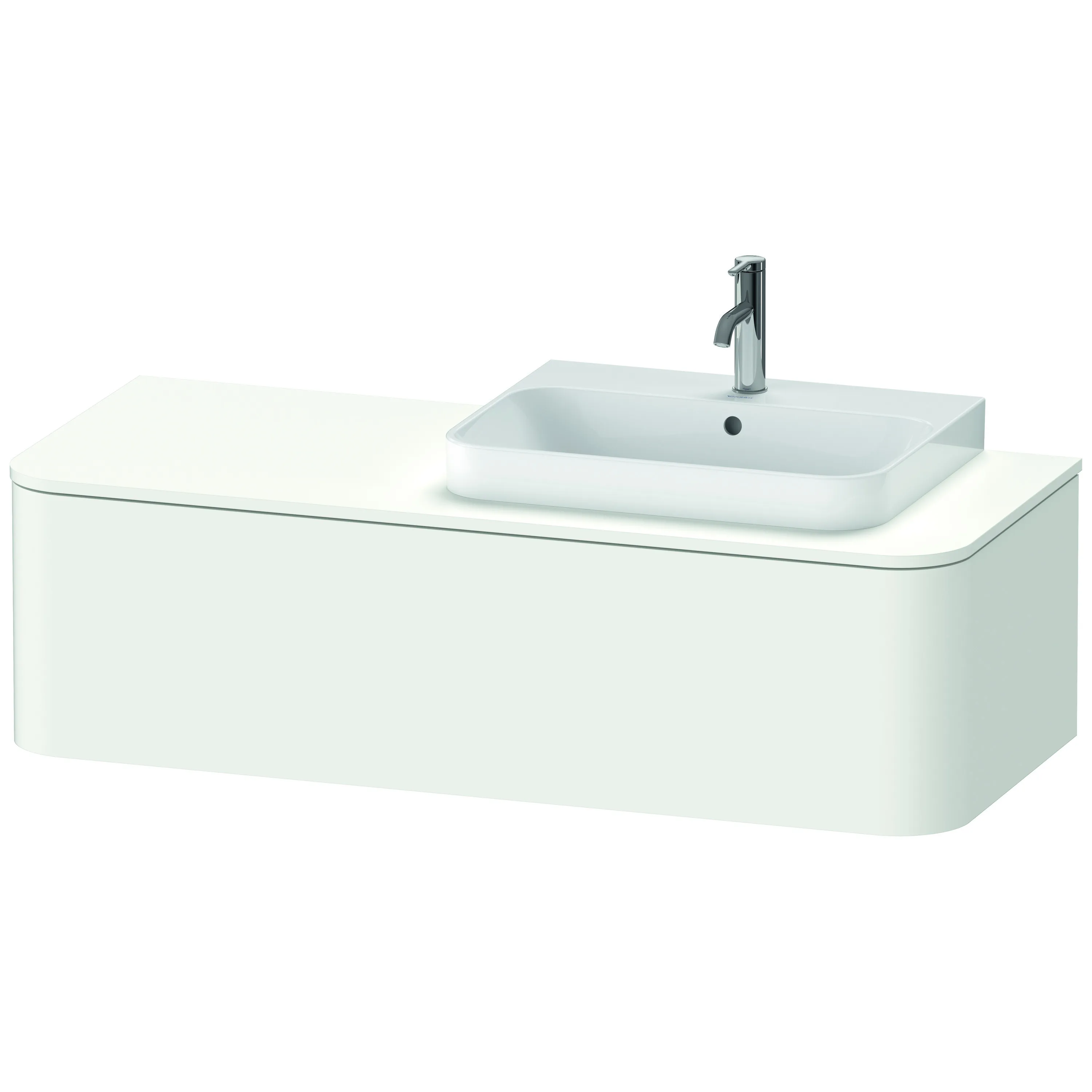 Duravit Waschtischunterschrank wandhängend „Happy D.2 Plus“ 130 × 35,4 × 55 cm Weiß Seidenmatt, rechts Becken: rechts / Beleuchtung: ohne / Front- & Korpusfarbe: Weiß Seidenmatt / Größe: 130 × 55 × 35,4 cm / Oberfläche: Lack / Schubladen: 1