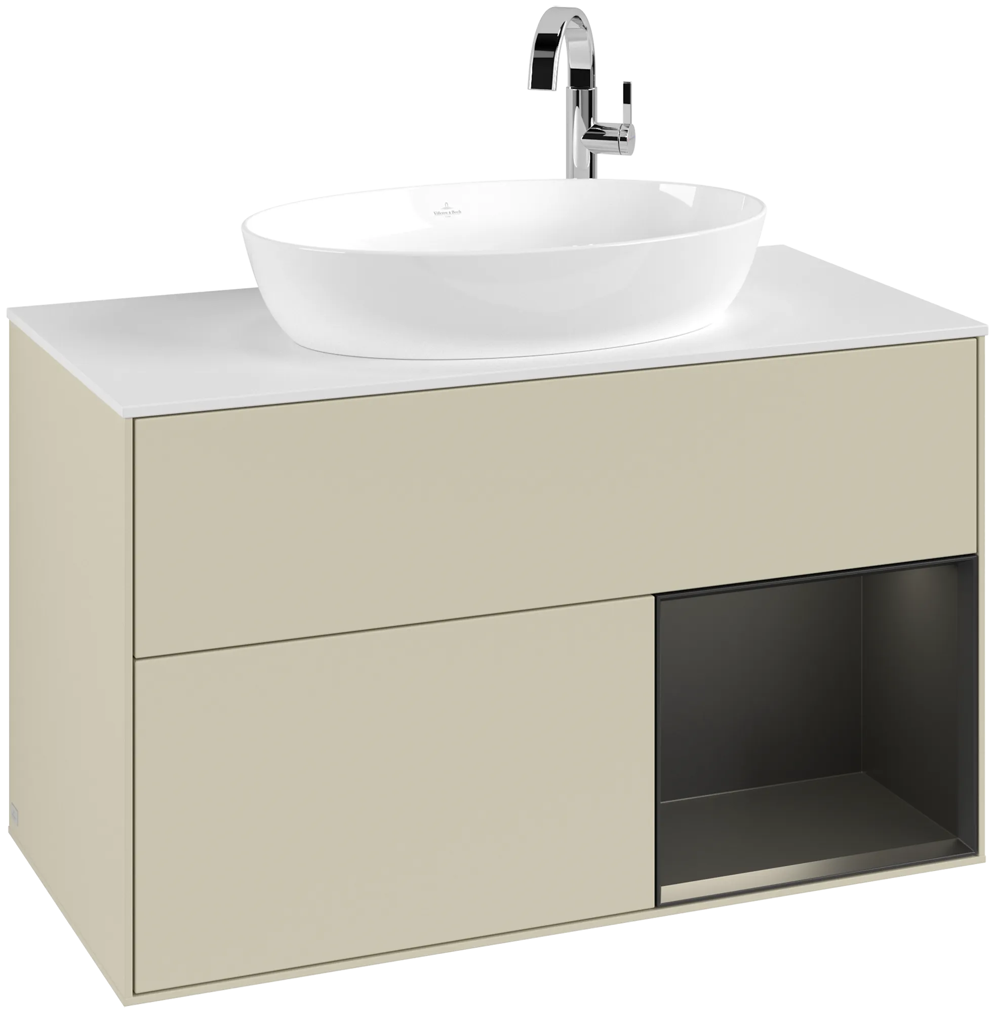 Villeroy & Boch Finion Waschbeckenunterschrank F90, 1000 x 603 x 501 mm, Silk Grey Matt Lacquer / Black Matt Lacquer / Glass White Matt