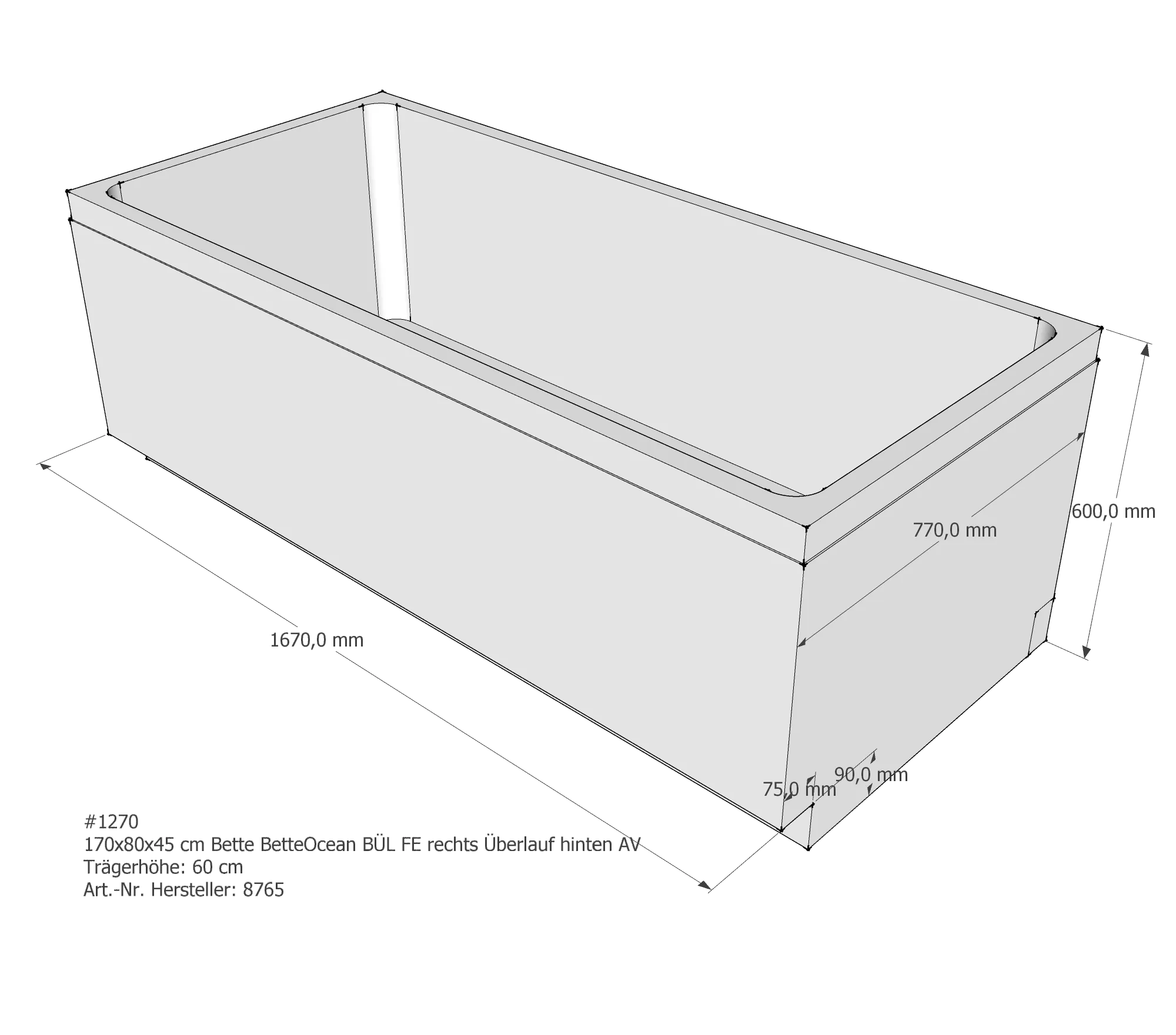 Badewannenträger für Bette Ocean 170 × 80 × 45 cm Ab- und Überlaufposition: hinten