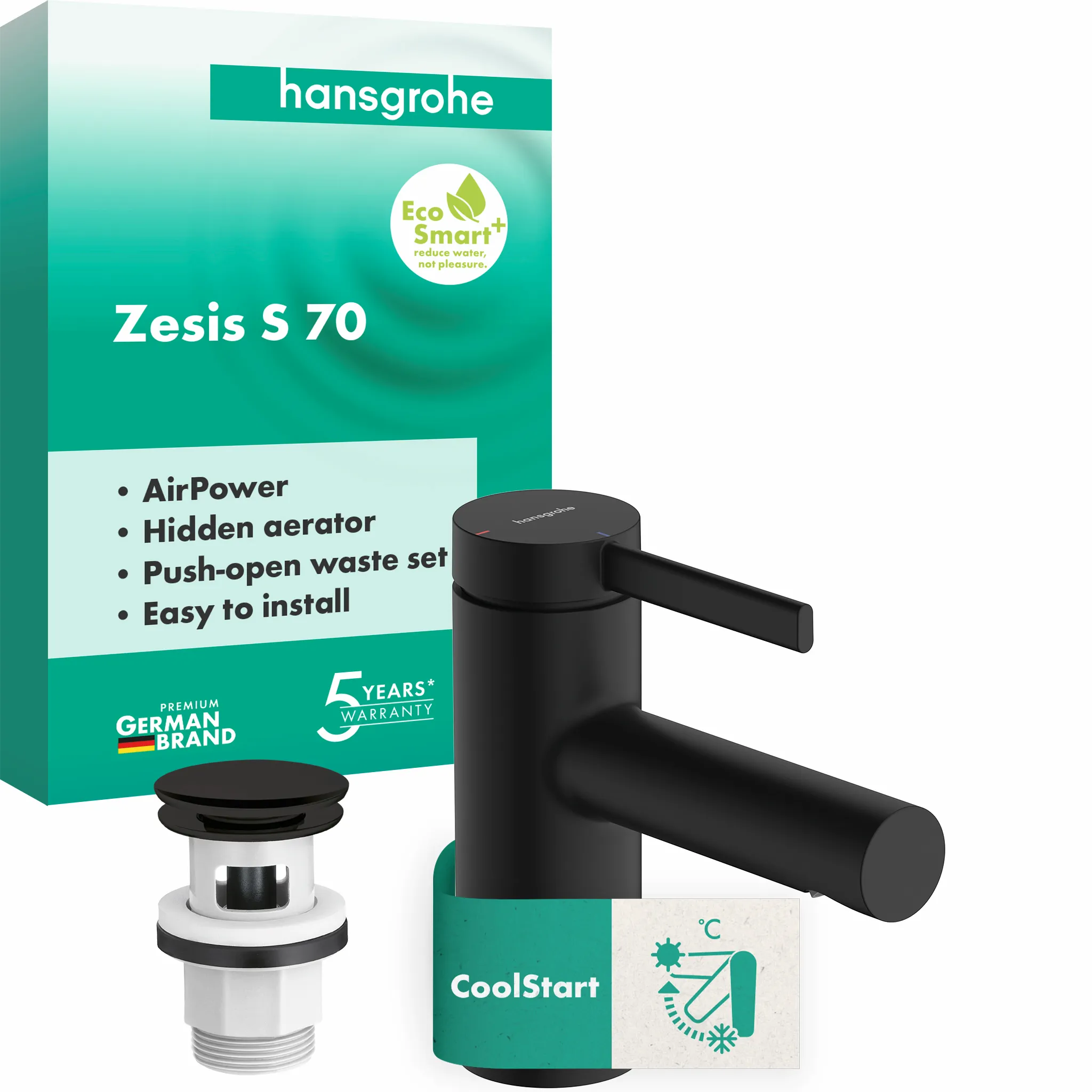 Hansgrohe Zesis S Einhebel-Waschtischmischer 70 CoolStart mit Push-Open-Ablaufgarnitur mattschwarz, Ausladung 105 mm, Auslaufhöhe 74 mm
