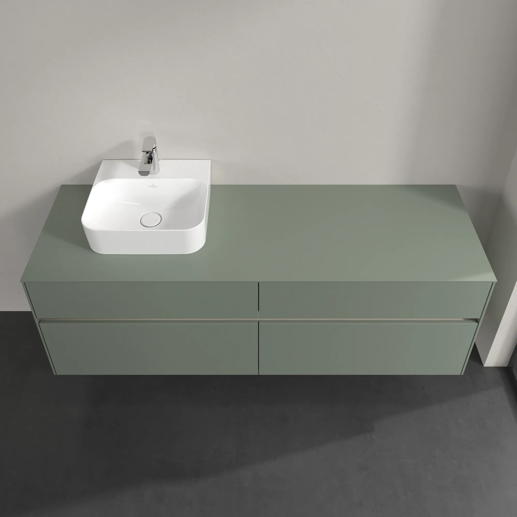Villeroy & Boch Waschtischunterschrank „Collaro“ 1600 × 548 × 500 mm Soft Green, mit Beleuchtung, für Becken links Villeroy & Boch Waschtischunterschrank „Collaro“ 1600 × 548 × 500 mm Soft Green, mit Beleuchtung, für Becken links