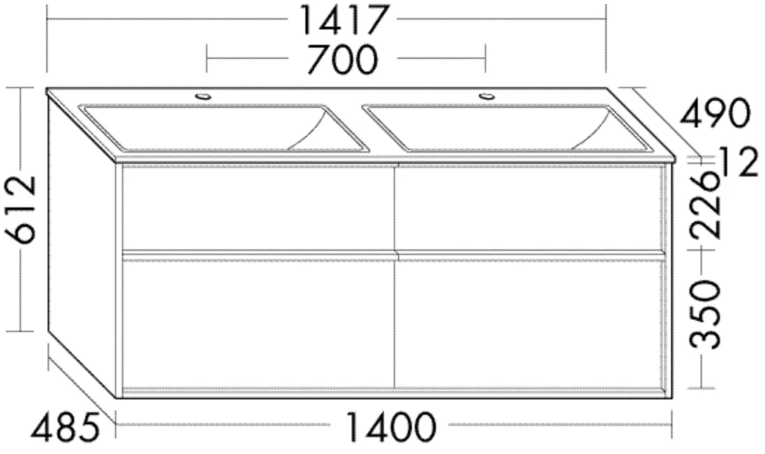 Keramik-Waschtisch Sys K2 inkl. Waschtischunterschrank - Uomo, 490x1417x382 mm, Doppelwaschtisch, 2 Schubladen oben, 2 Auszüge unten Keramik-Waschtisch Sys K2 inkl. Waschtischunterschrank - Uomo, 490x1417x382 mm, Doppelwaschtisch, 2 Schubladen oben, 2 Auszüge unten