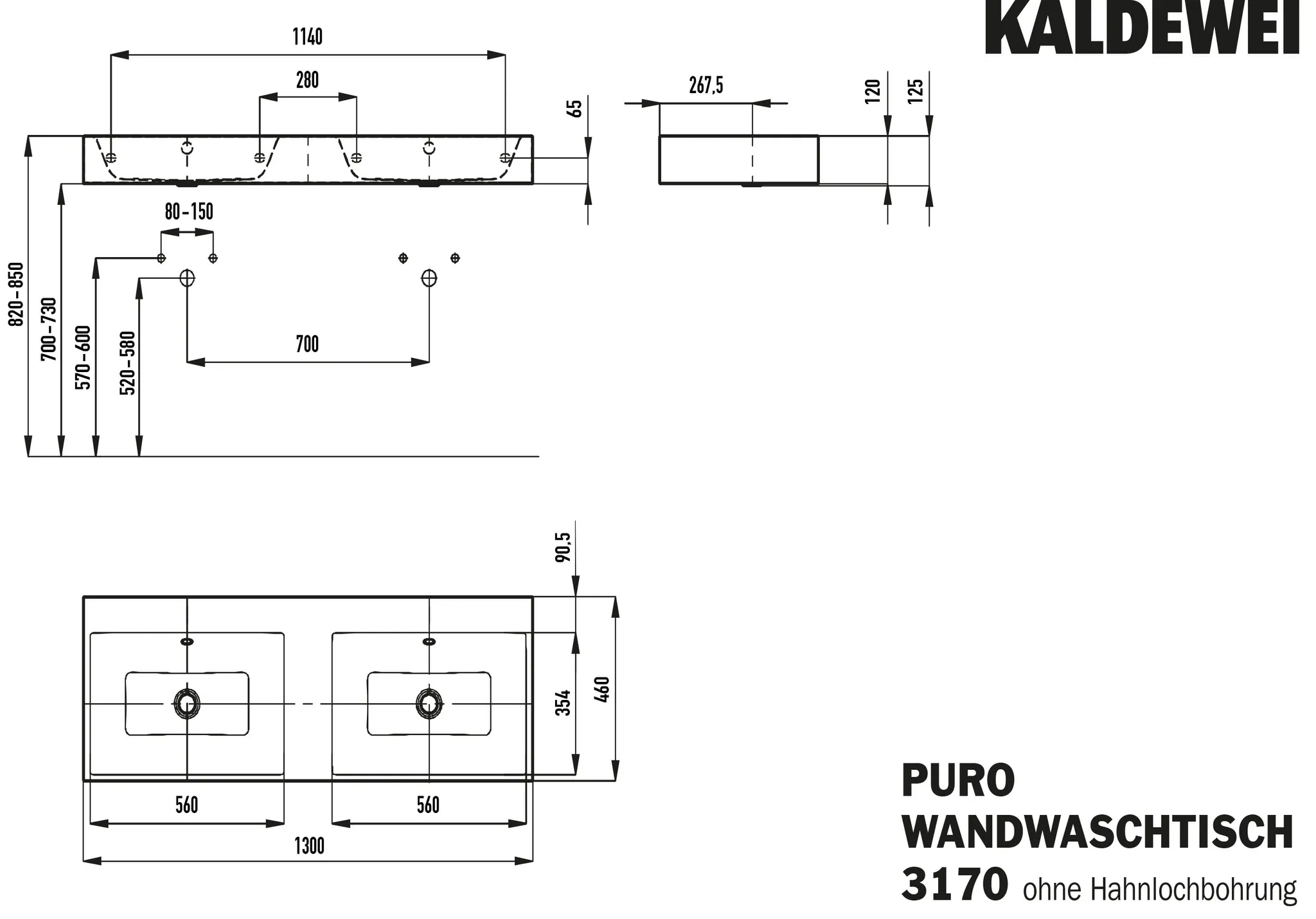 Doppelwaschtisch „Puro“ 130 × 46 cm, mit Überlauf, ohne Hahnlochbohrung in alpinweiß mit Perl-Effekt