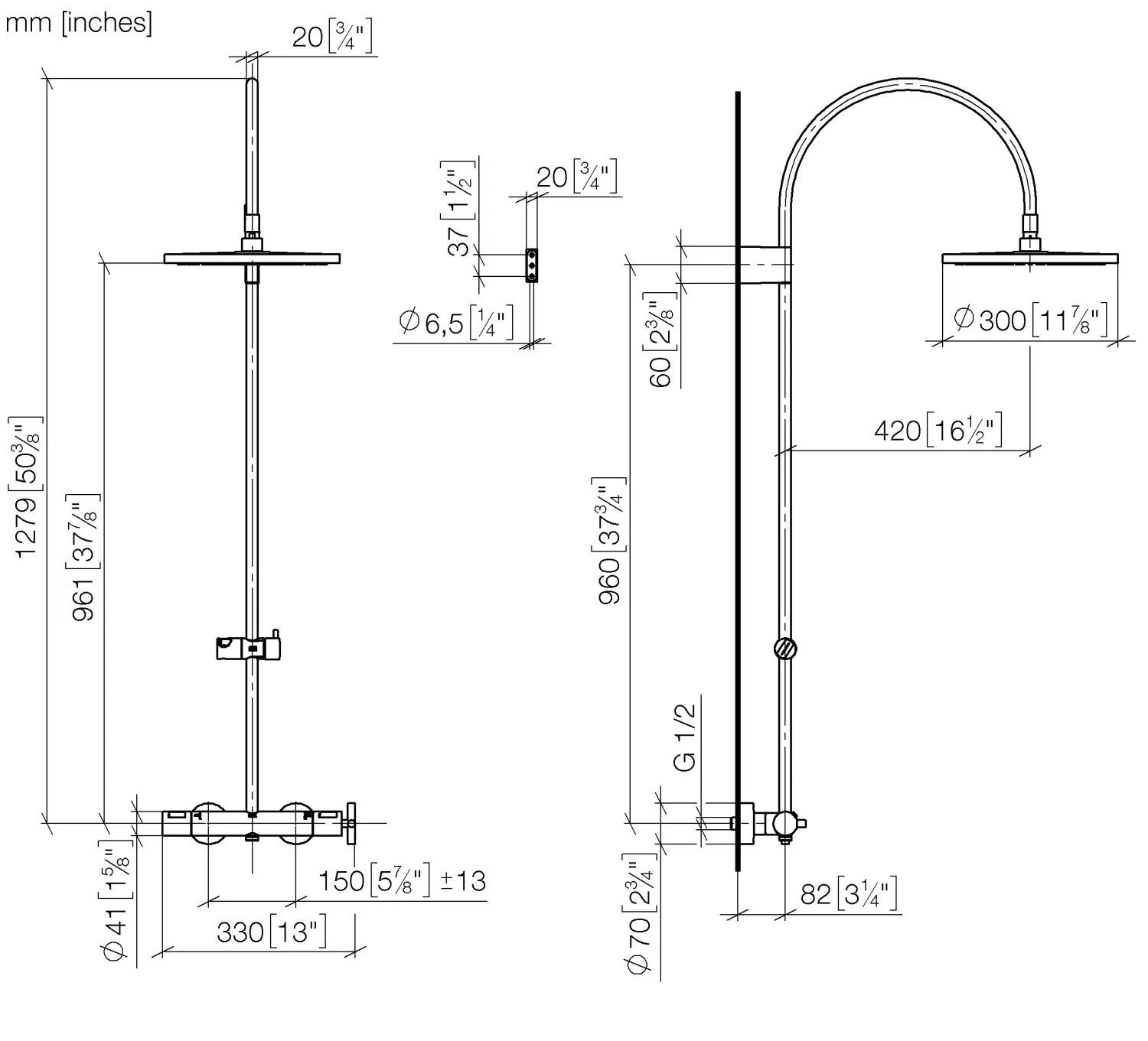 Dornbracht TARA Showerpipe mit Brause-Thermostat Platin, 300 mm, Höhe bis Regenbrause 964 mm, Anschluss 1/2"