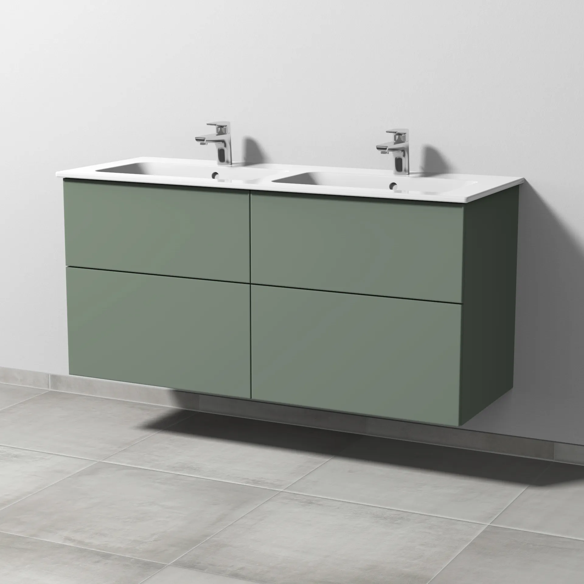 Sanipa Waschtischunterschrank „3way“ passend zu Keramik-Waschtische ME by Starck von Duravit 1270 × 613 × 467 mm in Soft-Green, mit Hahnlochbohrung