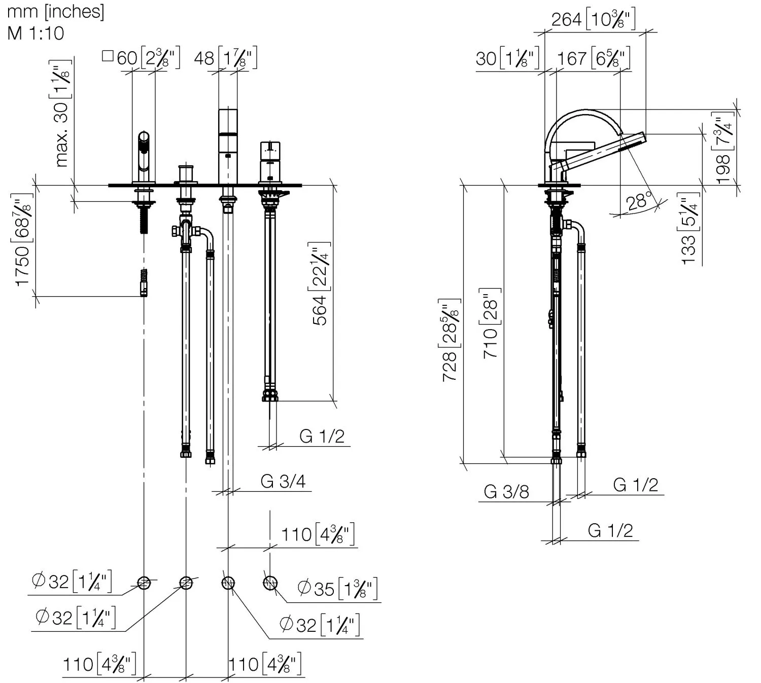 Wannen-Vierlochbatterie für Wannenrand- bzw. Fliesenrandmontage CYO Chrom 27632811